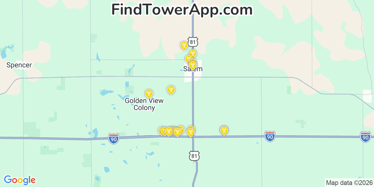 Map showing the 20 primary cell tower locations detected in Salem, South Dakota from AT&T, Verizon, and T-Mobile networks