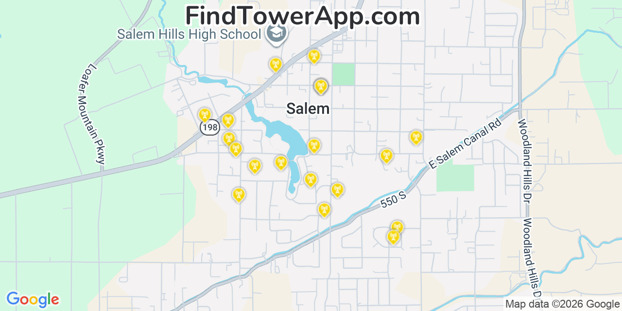 Map showing the 20 primary cell tower locations detected in Salem, Utah from AT&T, Verizon, and T-Mobile networks