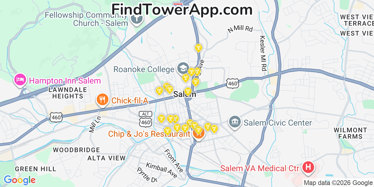 Map showing the 20 primary cell tower locations detected in Salem, Virginia from AT&T, Verizon, and T-Mobile networks