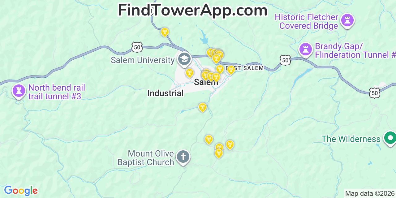 Map showing the 20 primary cell tower locations detected in Salem, West Virginia from AT&T, Verizon, and T-Mobile networks