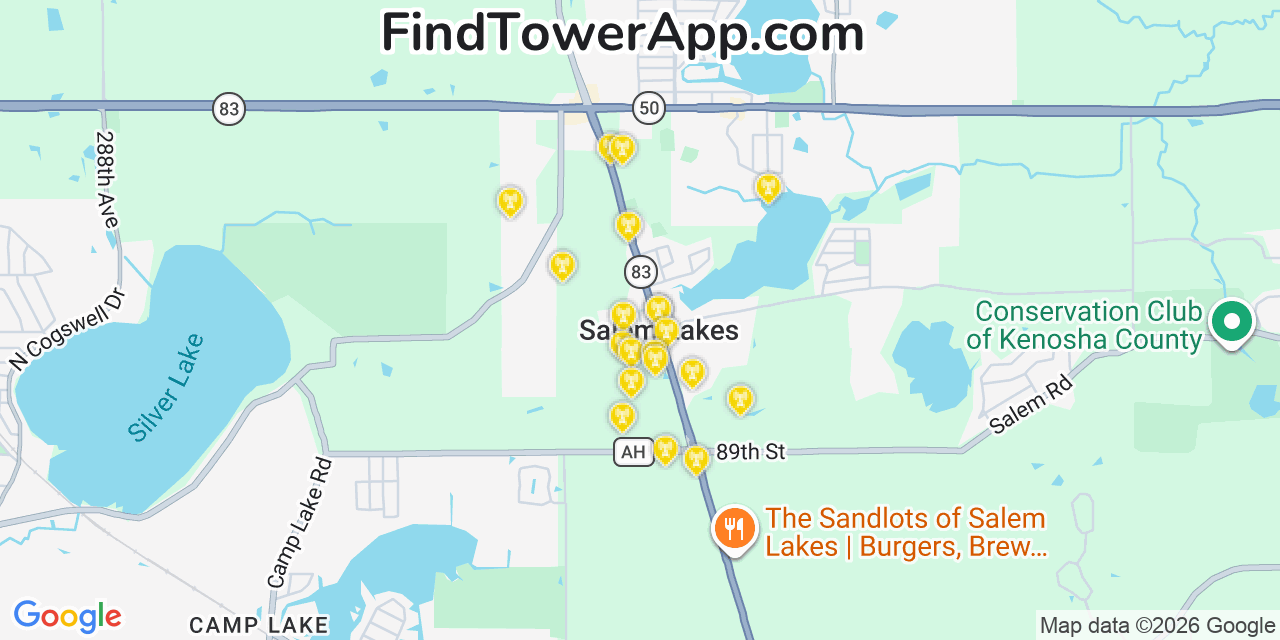 Map showing the 20 primary cell tower locations detected in Salem, Wisconsin from AT&T, Verizon, and T-Mobile networks
