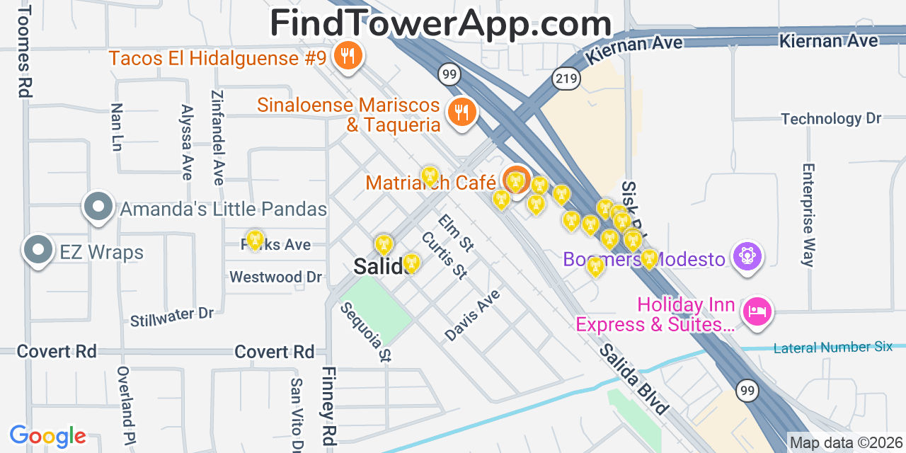 Map showing the 20 primary cell tower locations detected in Salida, California from AT&T, Verizon, and T-Mobile networks