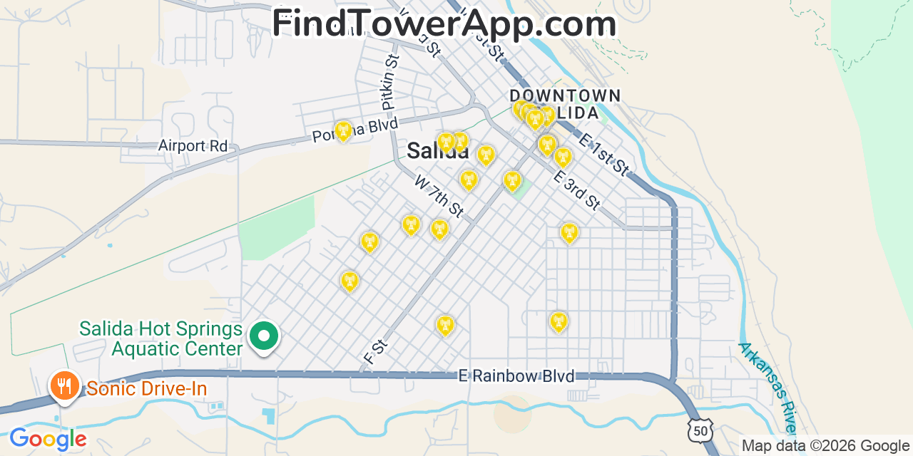 Map showing the 20 primary cell tower locations detected in Salida, Colorado from AT&T, Verizon, and T-Mobile networks