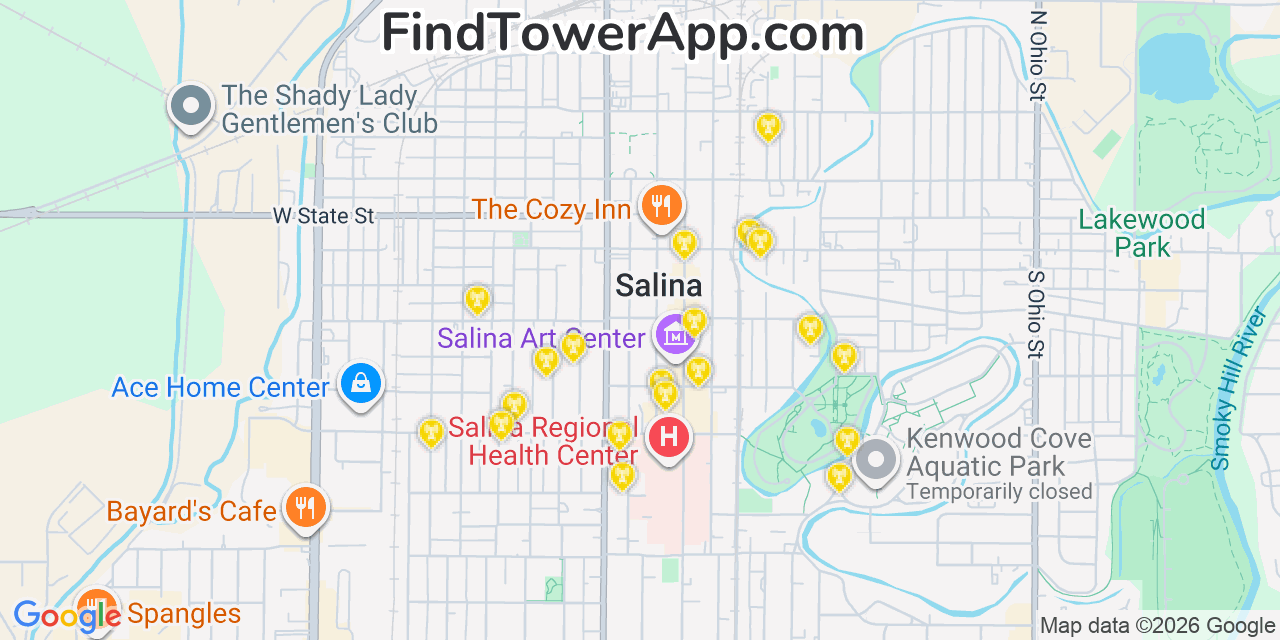 Map showing the 20 primary cell tower locations detected in Salina, Kansas from AT&T, Verizon, and T-Mobile networks