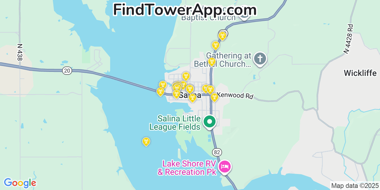 Map showing the 20 primary cell tower locations detected in Salina, Oklahoma from AT&T, Verizon, and T-Mobile networks