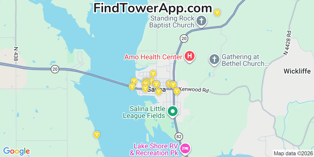 Map showing the 20 primary cell tower locations detected in Salina, Oklahoma from AT&T, Verizon, and T-Mobile networks