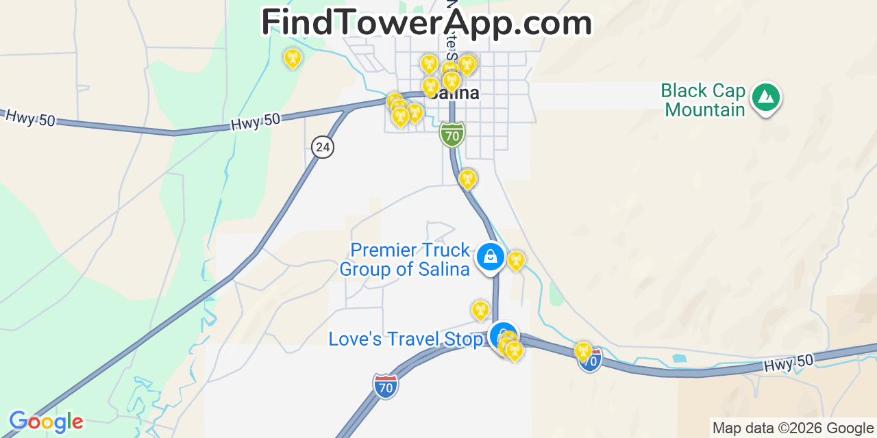 Map showing the 20 primary cell tower locations detected in Salina, Utah from AT&T, Verizon, and T-Mobile networks