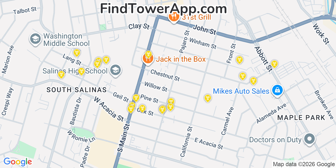 Map showing the 20 primary cell tower locations detected in Salinas, California from AT&T, Verizon, and T-Mobile networks