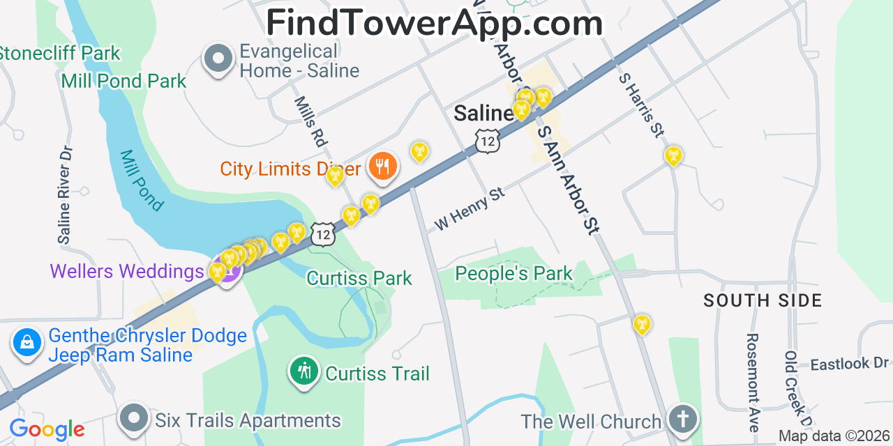 Map showing the 20 primary cell tower locations detected in Saline, Michigan from AT&T, Verizon, and T-Mobile networks