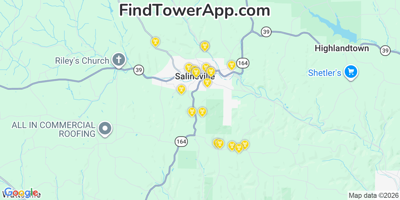 Map showing the 20 primary cell tower locations detected in Salineville, Ohio from AT&T, Verizon, and T-Mobile networks