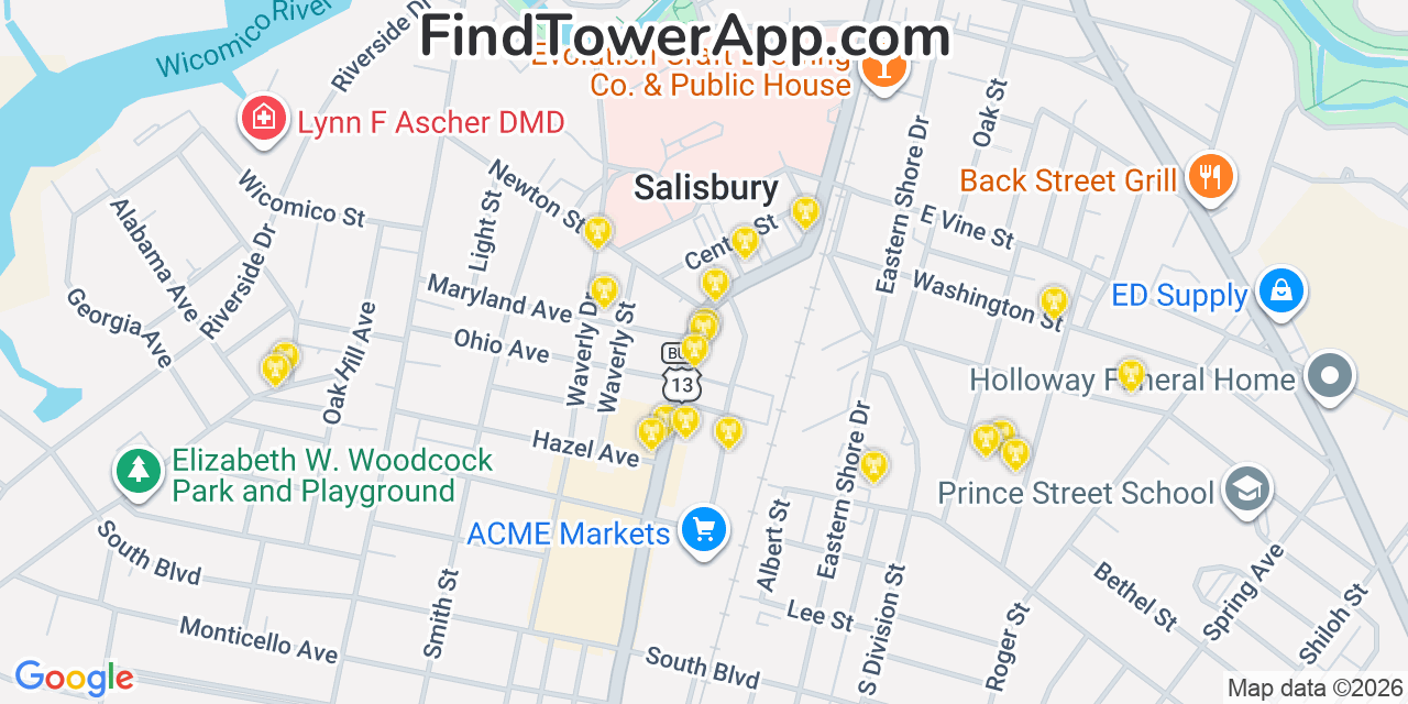 Map showing the 20 primary cell tower locations detected in Salisbury, Maryland from AT&T, Verizon, and T-Mobile networks