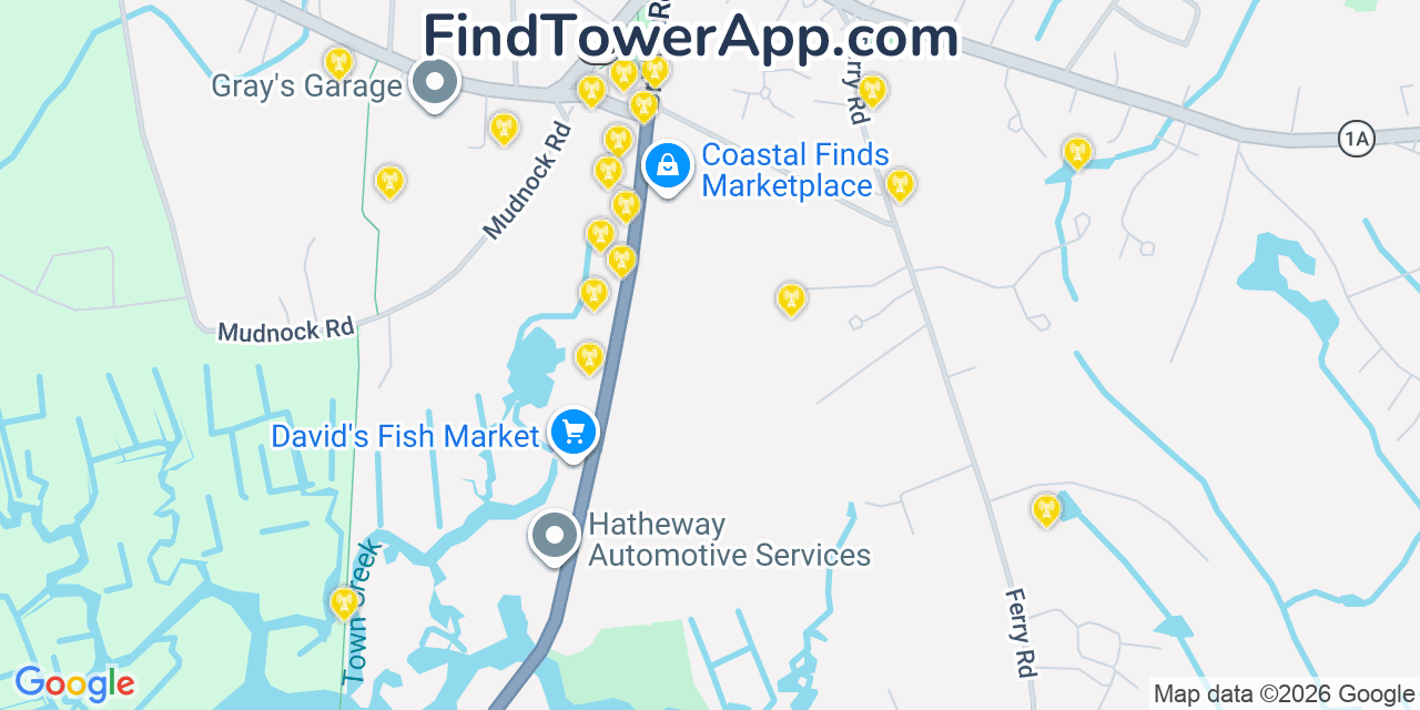 Map showing the 20 primary cell tower locations detected in Salisbury, Massachusetts from AT&T, Verizon, and T-Mobile networks