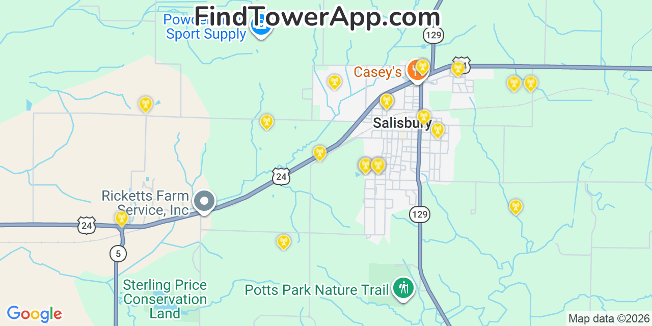 Map showing the 20 primary cell tower locations detected in Salisbury, Missouri from AT&T, Verizon, and T-Mobile networks