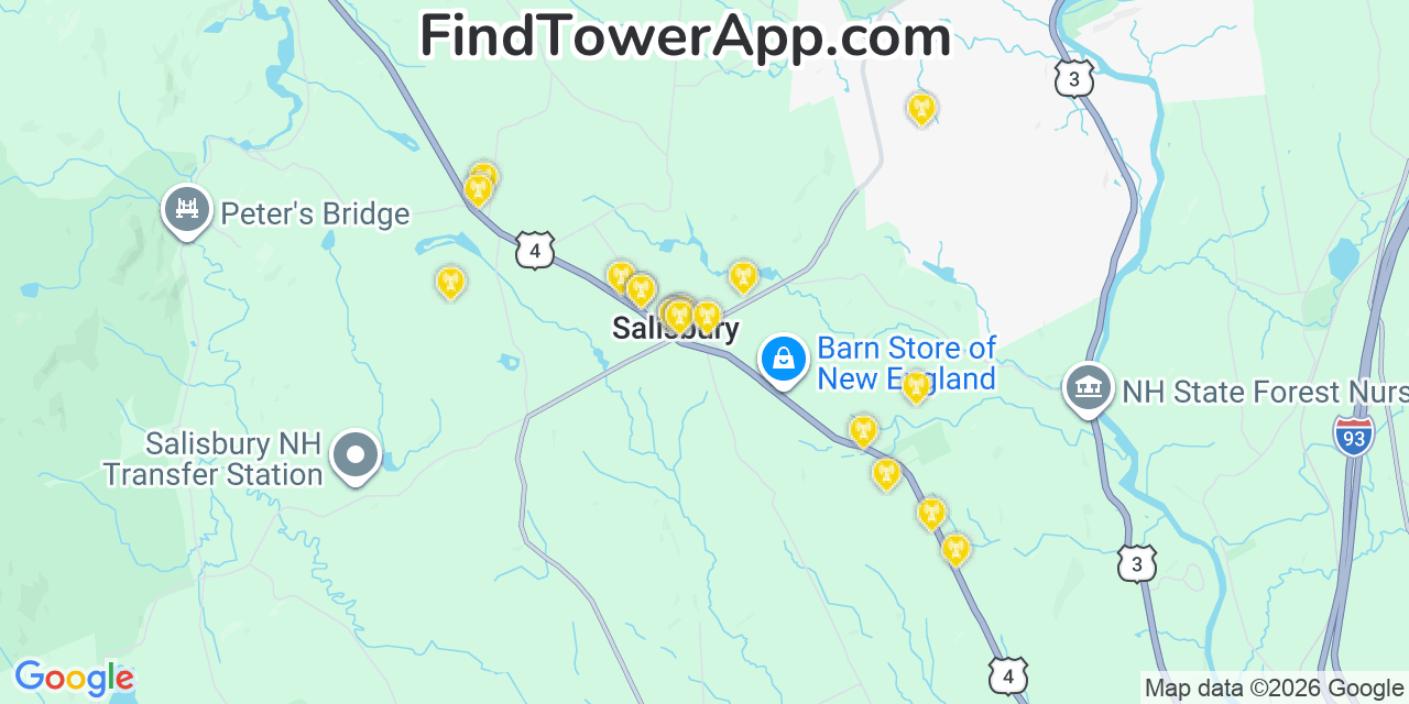 Map showing the 20 primary cell tower locations detected in Salisbury, New Hampshire from AT&T, Verizon, and T-Mobile networks