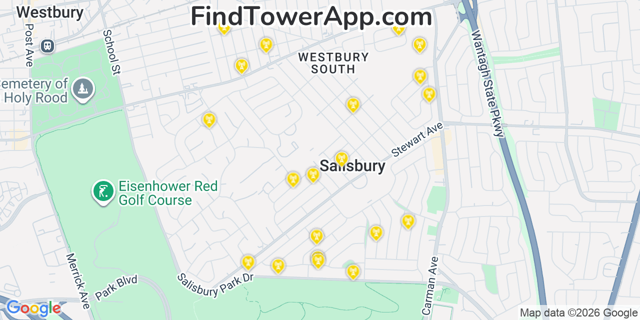 Map showing the 20 primary cell tower locations detected in Salisbury, New York from AT&T, Verizon, and T-Mobile networks