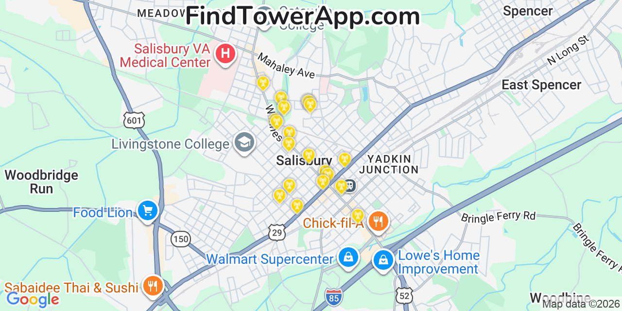 Map showing the 20 primary cell tower locations detected in Salisbury, North Carolina from AT&T, Verizon, and T-Mobile networks