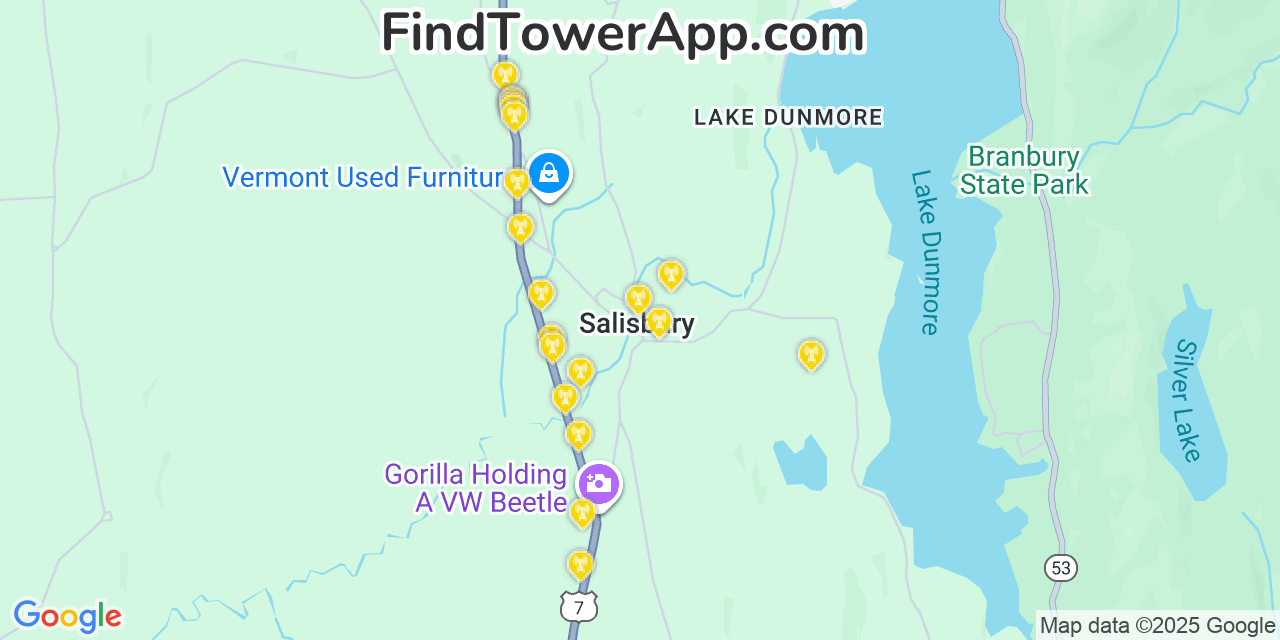 Map showing the 20 primary cell tower locations detected in Salisbury, Vermont from AT&T, Verizon, and T-Mobile networks