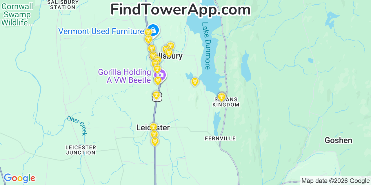 Map showing the 20 primary cell tower locations detected in Salisbury, Vermont from AT&T, Verizon, and T-Mobile networks