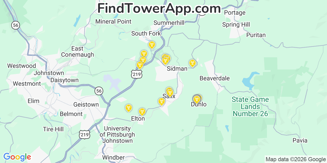 Map showing the 20 primary cell tower locations detected in Salix, Pennsylvania from AT&T, Verizon, and T-Mobile networks