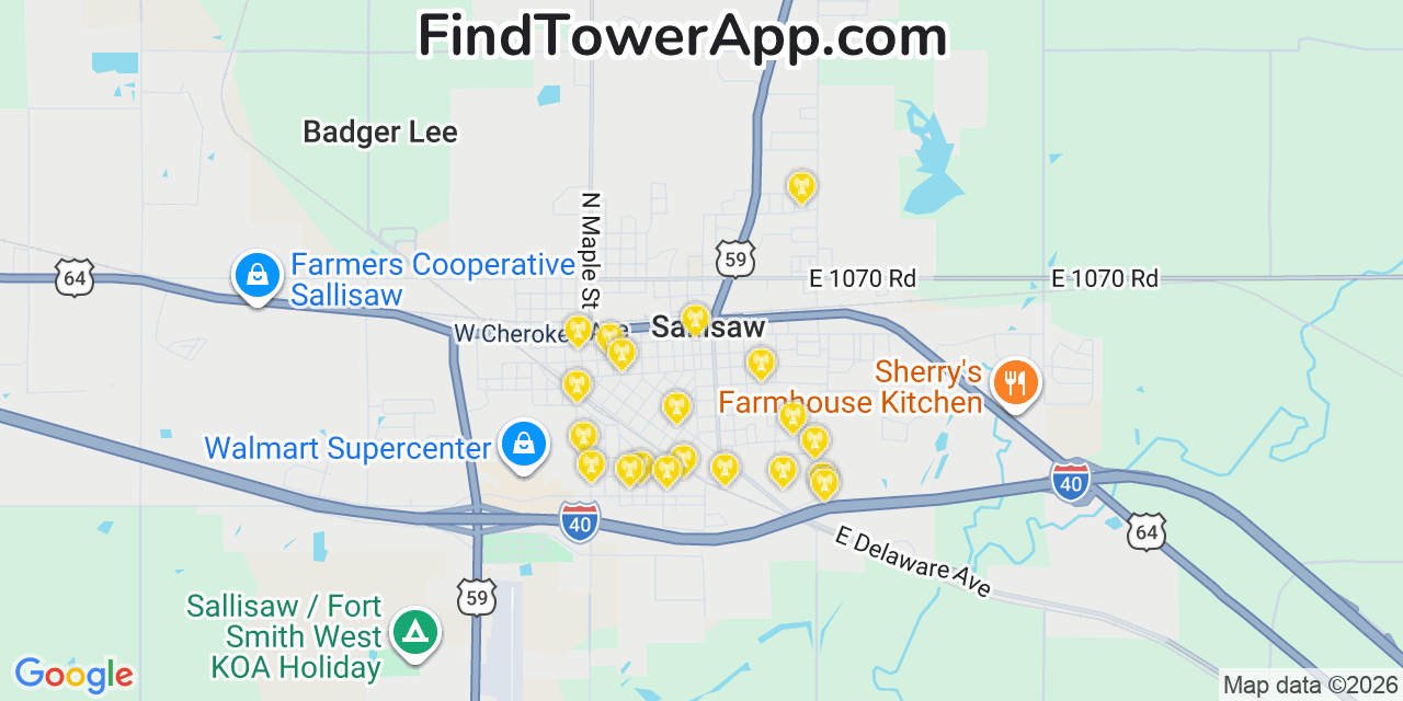Map showing the 20 primary cell tower locations detected in Sallisaw, Oklahoma from AT&T, Verizon, and T-Mobile networks