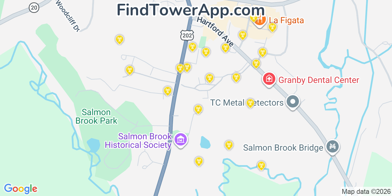 Map showing the 20 primary cell tower locations detected in Salmon Brook, Connecticut from AT&T, Verizon, and T-Mobile networks