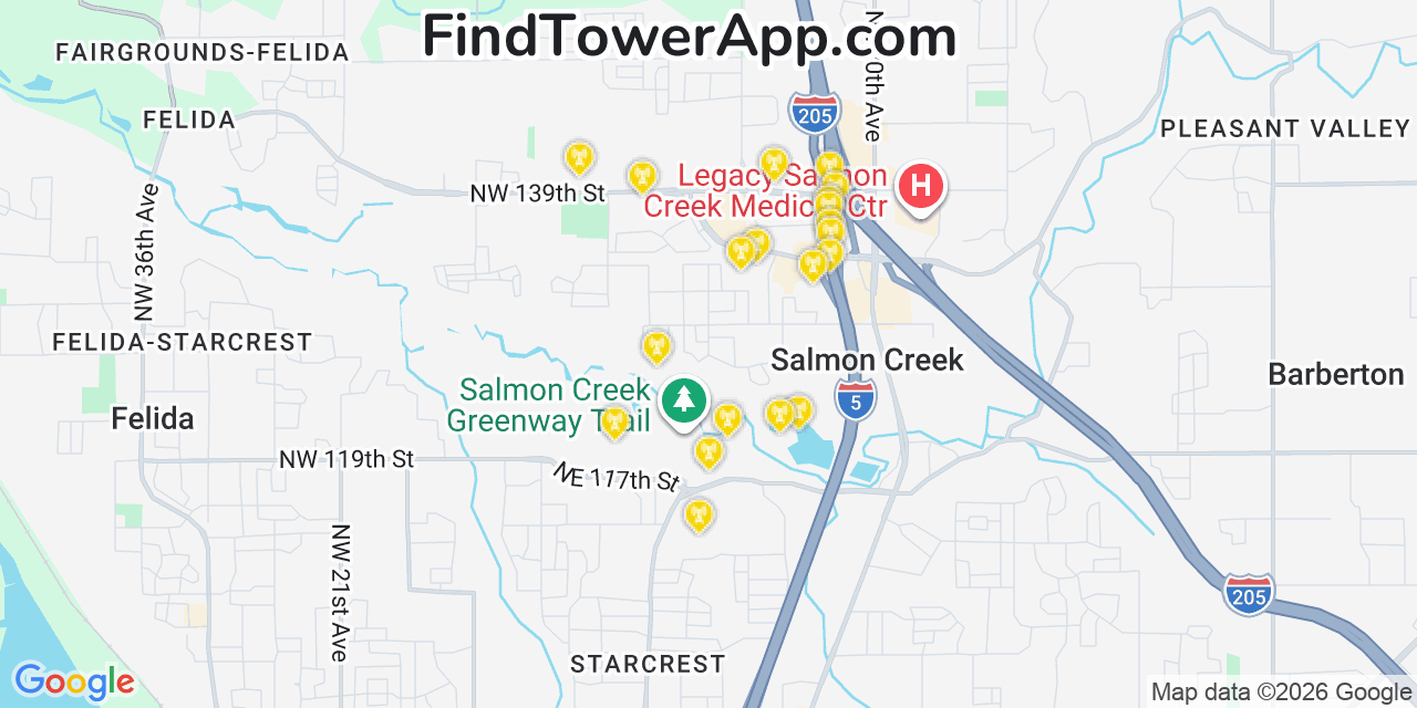 Map showing the 20 primary cell tower locations detected in Salmon Creek, Washington from AT&T, Verizon, and T-Mobile networks