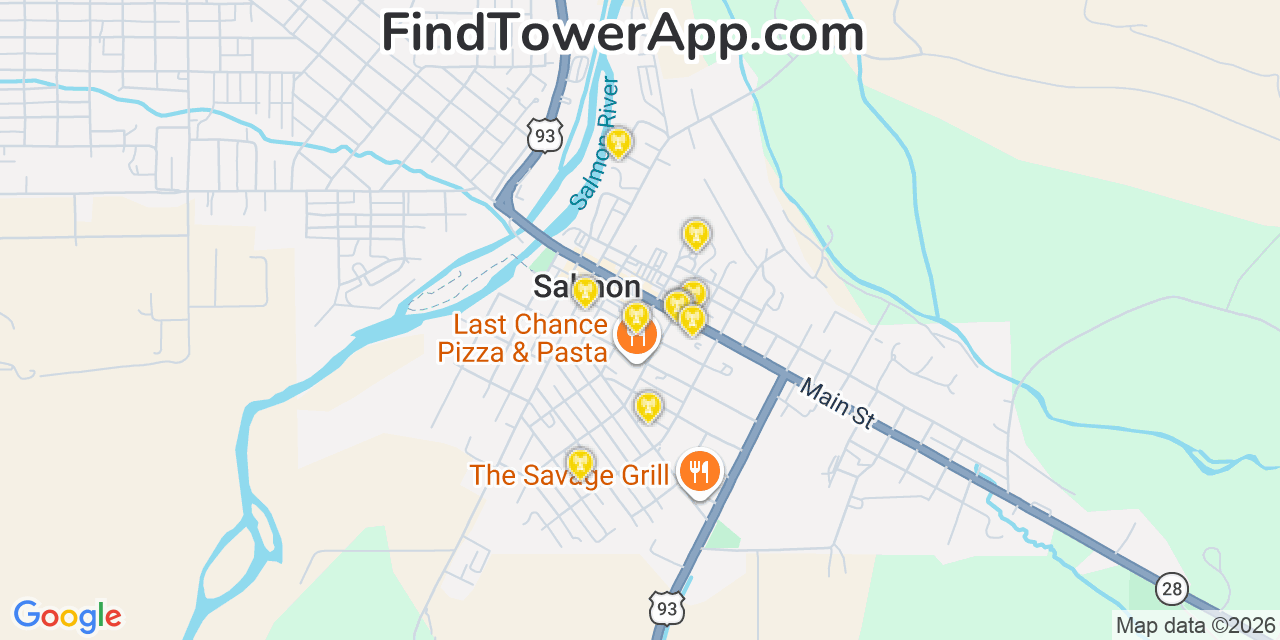 Map showing the 20 primary cell tower locations detected in Salmon, Idaho from AT&T, Verizon, and T-Mobile networks