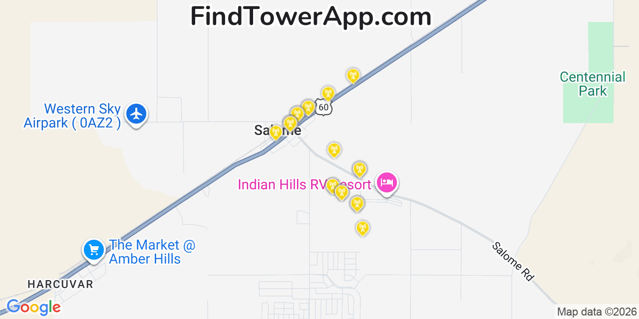 Map showing the 20 primary cell tower locations detected in Salome, Arizona from AT&T, Verizon, and T-Mobile networks