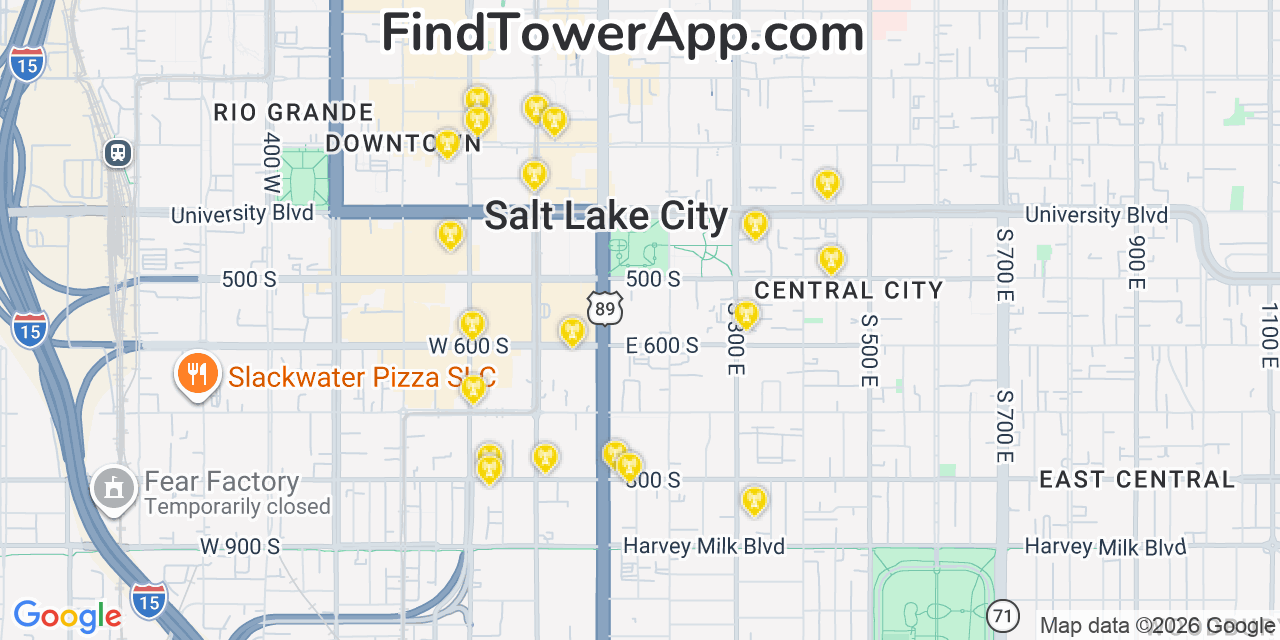 Map showing the 20 primary cell tower locations detected in Salt Lake City, Utah from AT&T, Verizon, and T-Mobile networks