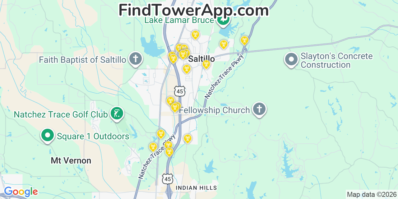 Map showing the 20 primary cell tower locations detected in Saltillo, Mississippi from AT&T, Verizon, and T-Mobile networks