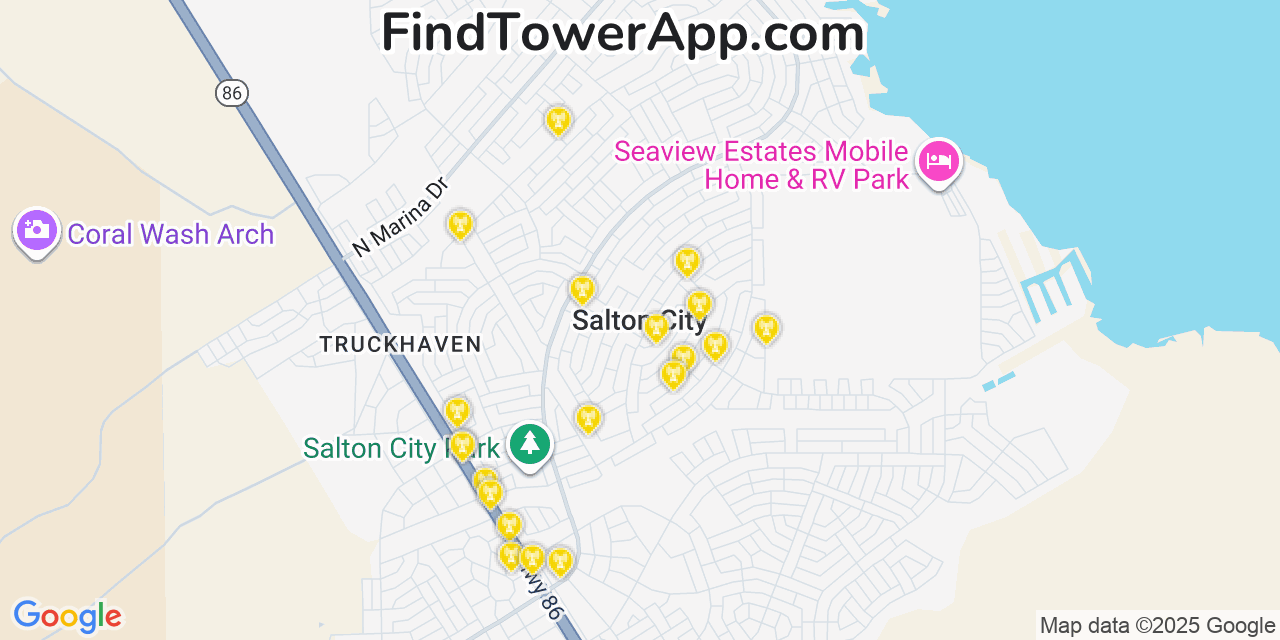 Map showing the 20 primary cell tower locations detected in Salton City, California from AT&T, Verizon, and T-Mobile networks