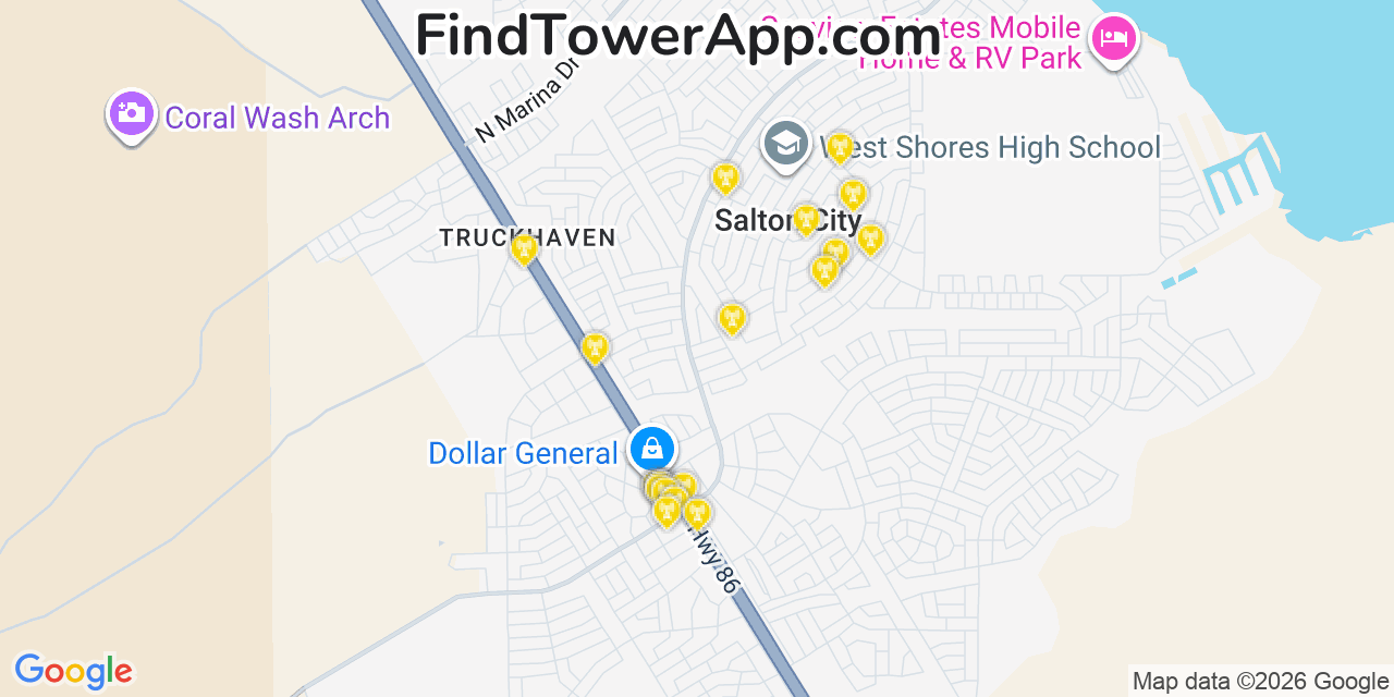 Map showing the 20 primary cell tower locations detected in Salton City, California from AT&T, Verizon, and T-Mobile networks