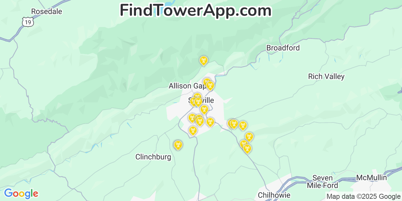 Map showing the 20 primary cell tower locations detected in Saltville, Virginia from AT&T, Verizon, and T-Mobile networks