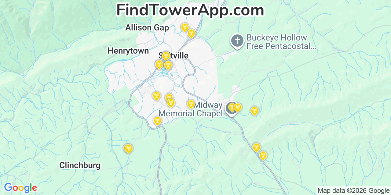 Map showing the 20 primary cell tower locations detected in Saltville, Virginia from AT&T, Verizon, and T-Mobile networks
