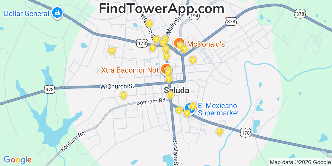 Map showing the 20 primary cell tower locations detected in Saluda, South Carolina from AT&T, Verizon, and T-Mobile networks