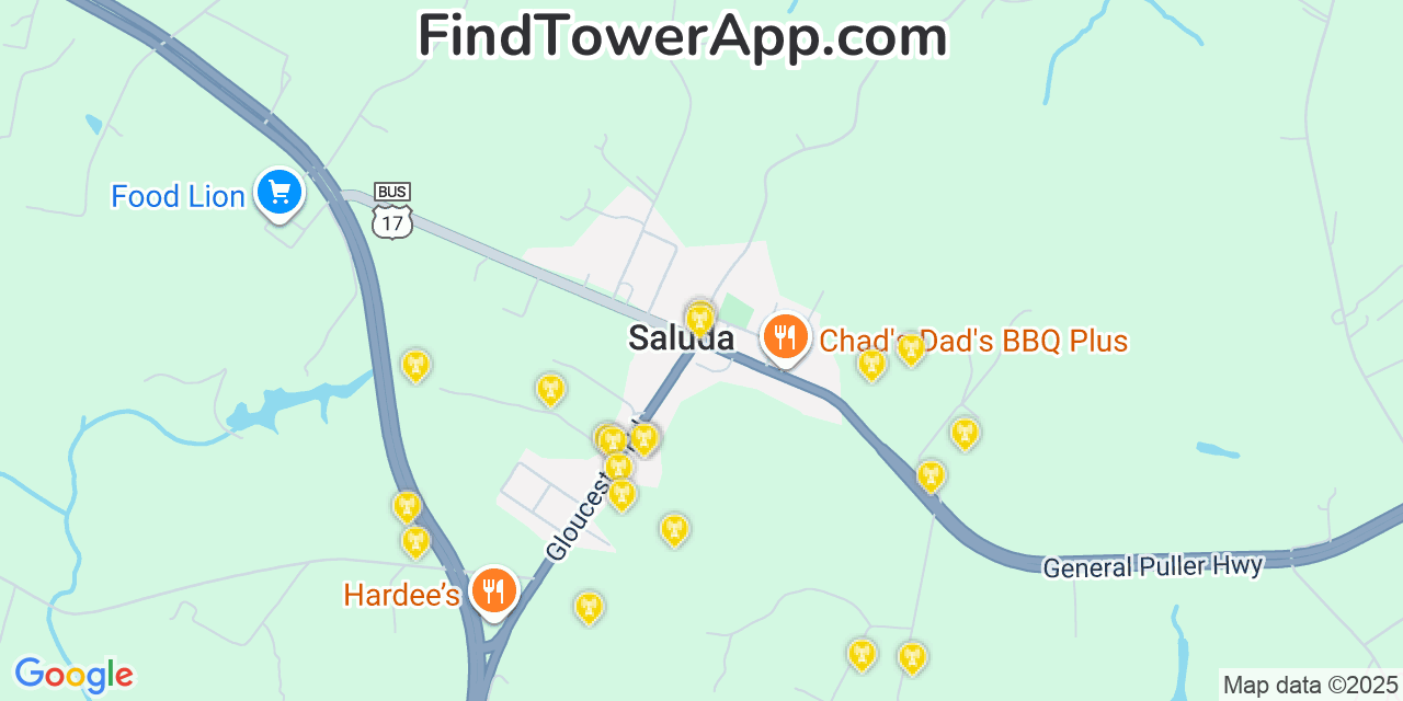 Map showing the 20 primary cell tower locations detected in Saluda, Virginia from AT&T, Verizon, and T-Mobile networks
