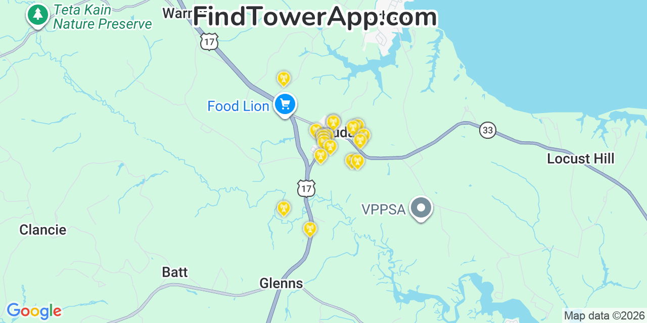 Map showing the 20 primary cell tower locations detected in Saluda, Virginia from AT&T, Verizon, and T-Mobile networks