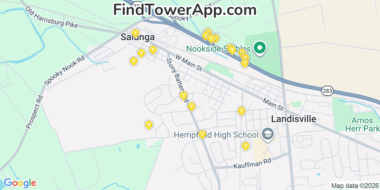 Map showing the 20 primary cell tower locations detected in Salunga, Pennsylvania from AT&T, Verizon, and T-Mobile networks
