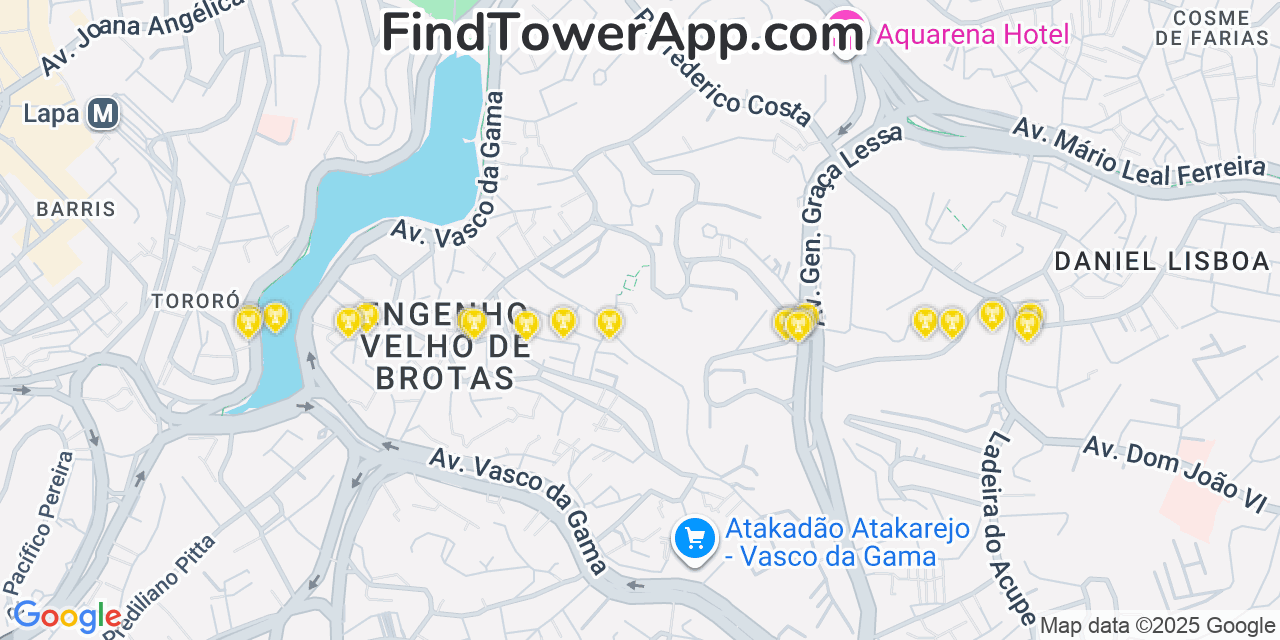 Map showing the 20 primary cell tower locations detected in Salvador, Brazil with coverage areas and signal strength