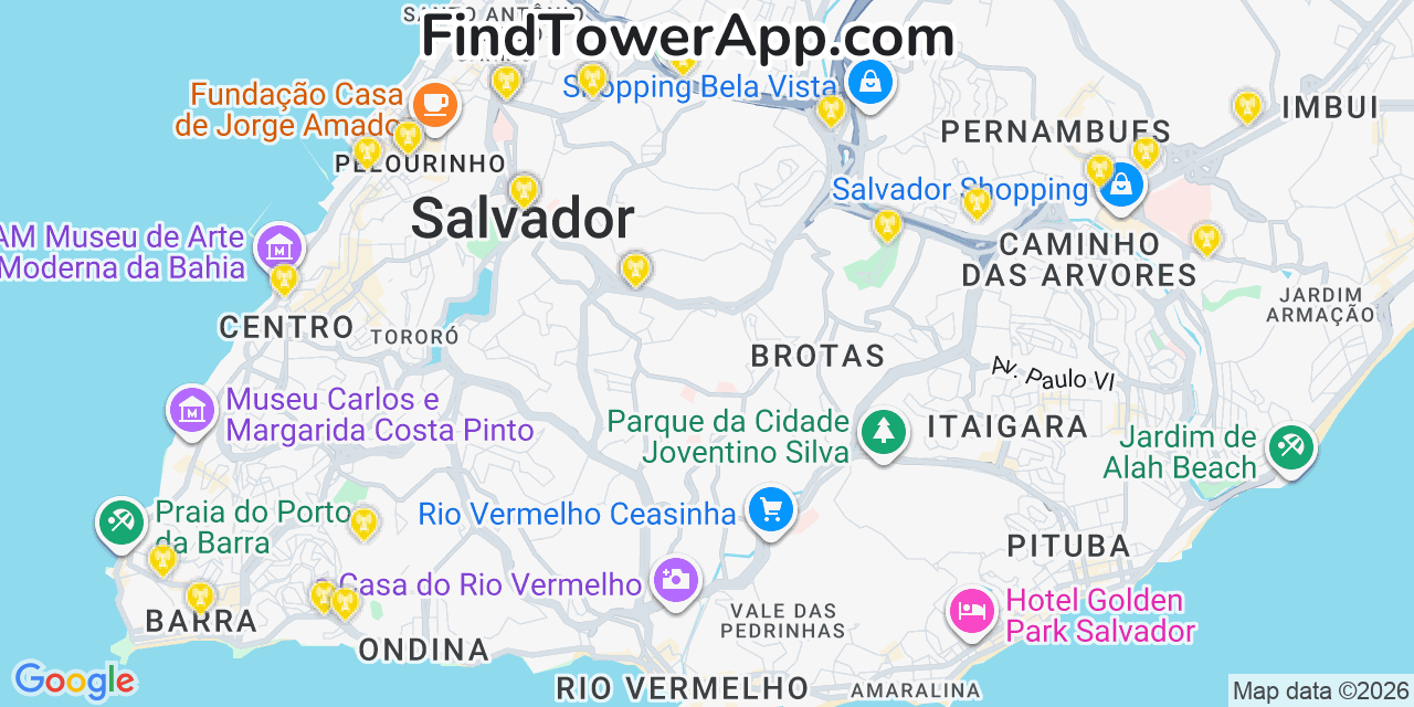 Map showing the 25 primary NII Holdings cell tower locations in Salvador, Brazil