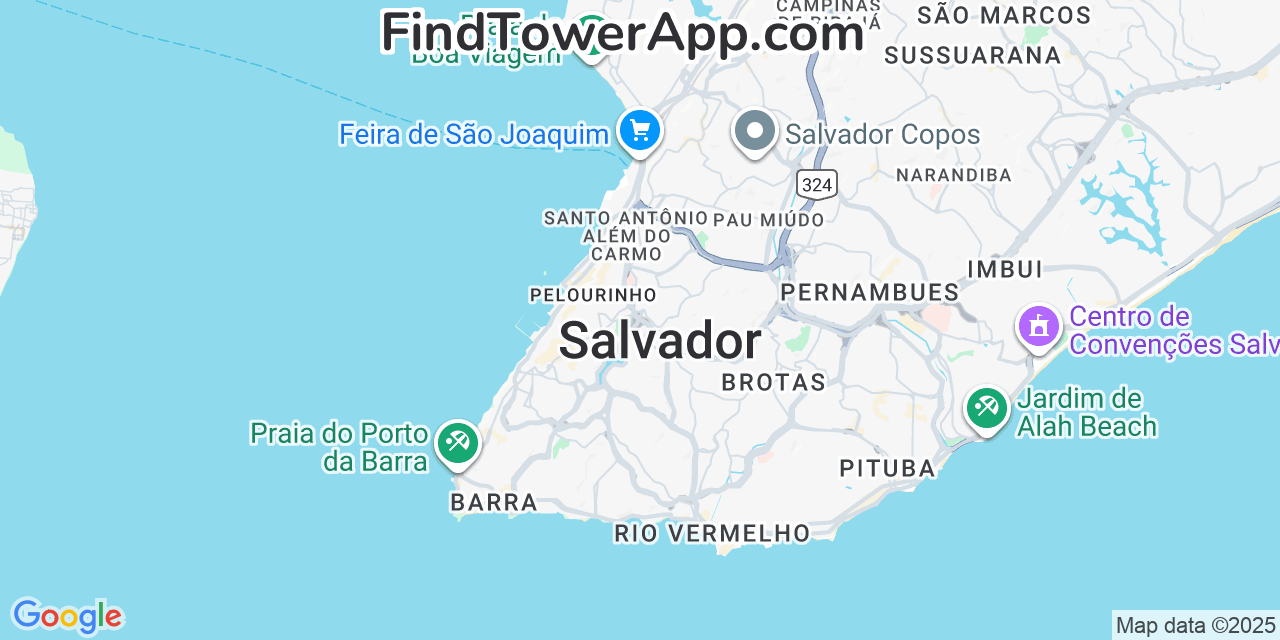 Map showing the 0 primary TIM cell tower locations detected in Salvador, Brazil with coverage radius and signal strength indicators