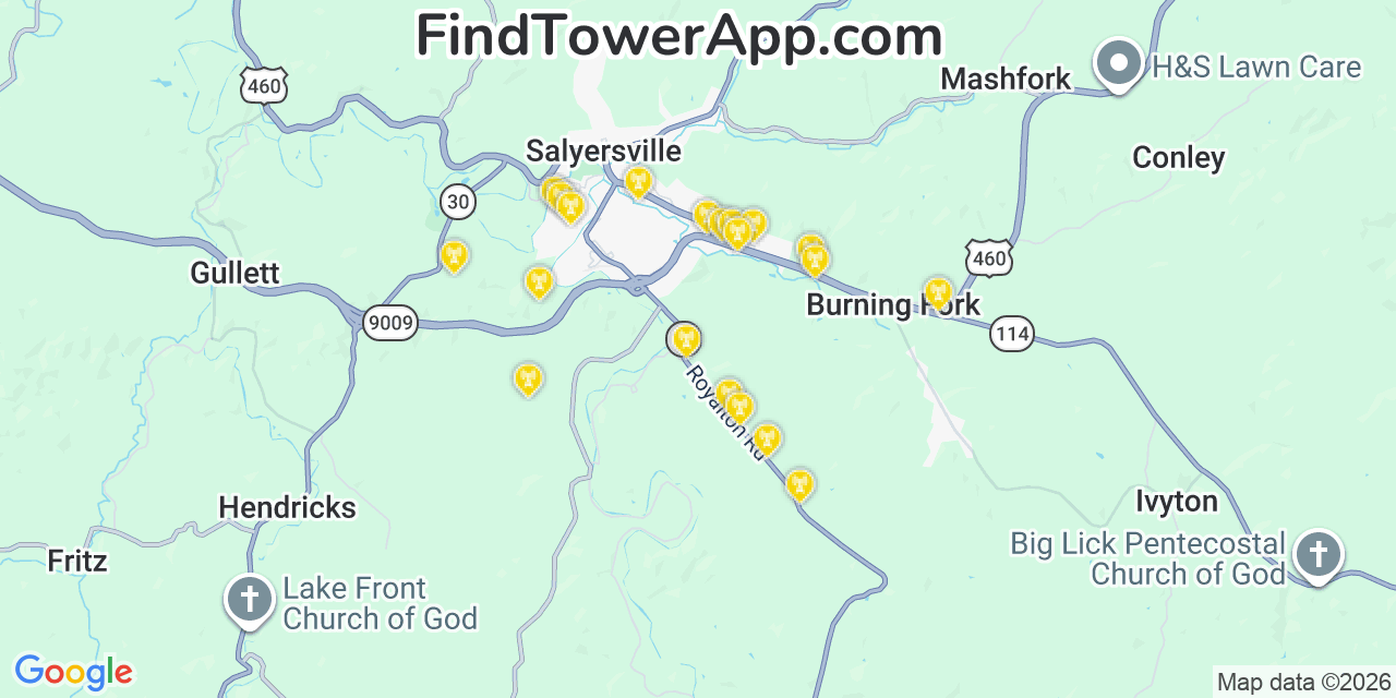 Map showing the 20 primary cell tower locations detected in Salyersville, Kentucky from AT&T, Verizon, and T-Mobile networks