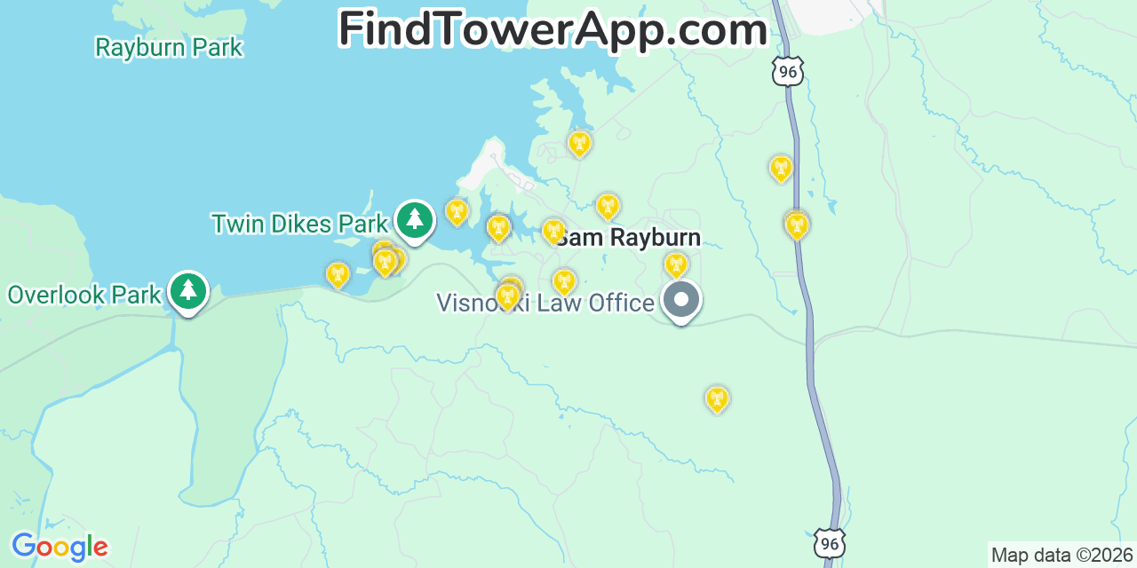 Map showing the 20 primary cell tower locations detected in Sam Rayburn, Texas from AT&T, Verizon, and T-Mobile networks