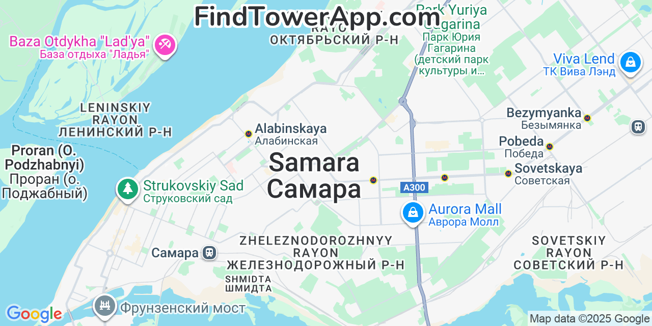 Map showing the 0 primary KTK-Telecom cell tower locations detected in Samara, Russia with coverage radius and signal strength indicators