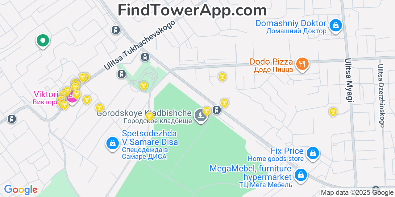 Map showing the 0 primary MegaFon cell tower locations detected in Samara, Russia with coverage radius and signal strength indicators