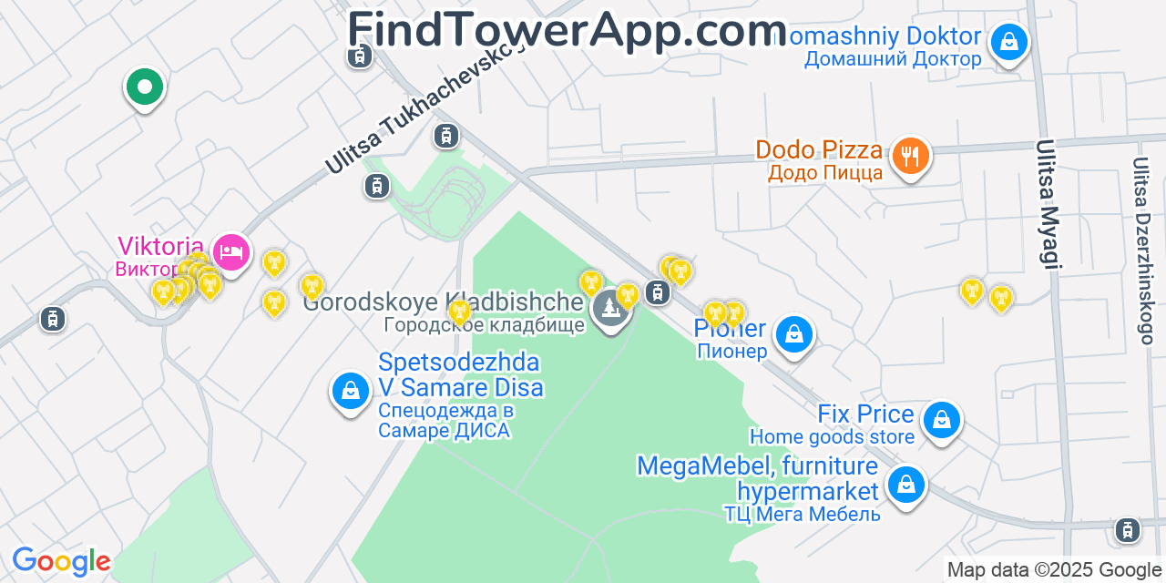Map showing the 20 primary cell tower locations detected in Samara, Russia with coverage areas and signal strength