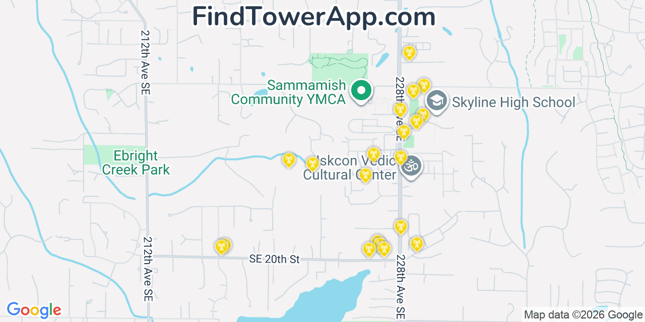 Map showing the 20 primary cell tower locations detected in Sammamish, Washington from AT&T, Verizon, and T-Mobile networks