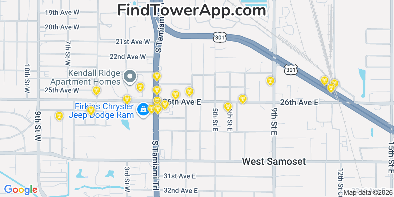Map showing the 20 primary cell tower locations detected in Samoset, Florida from AT&T, Verizon, and T-Mobile networks