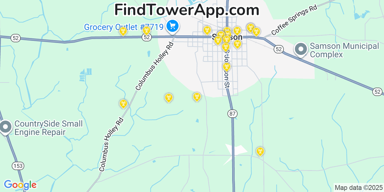 Map showing the 20 primary cell tower locations detected in Samson, Alabama from AT&T, Verizon, and T-Mobile networks