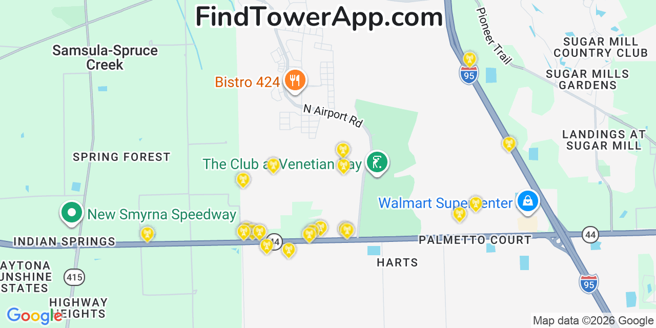Map showing the 20 primary cell tower locations detected in Samsula Spruce Creek, Florida from AT&T, Verizon, and T-Mobile networks